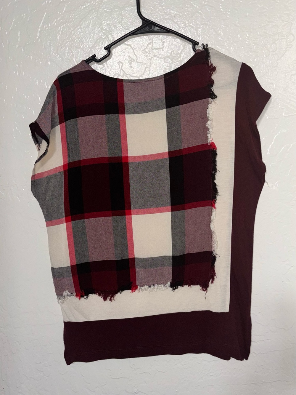 Anthropologie Plaid Mixed-Media Cap Sleeve Top in Burgundy and Cream